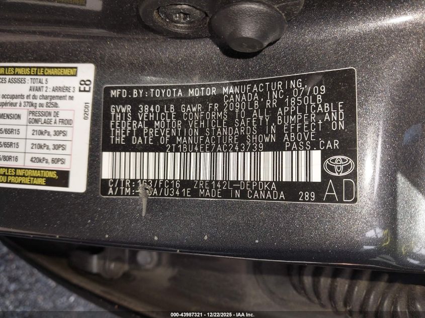 2010 Toyota Corolla Le VIN: 2T1BU4EE7AC243739 Lot: 43987321