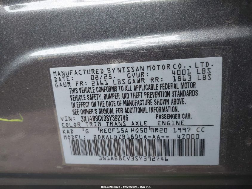 2025 Nissan Sentra Sv VIN: 3N1AB8CV3SY392746 Lot: 43987323