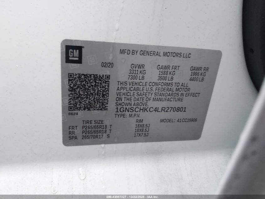2020 Chevrolet Suburban 2Wd Lt VIN: 1GNSCHKC4LR270801 Lot: 43987327