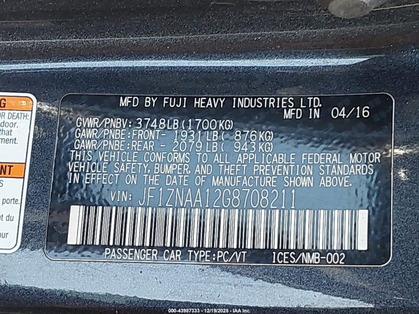 2016 Scion Fr-S VIN: JF1ZNAA12G8708211 Lot: 43987333