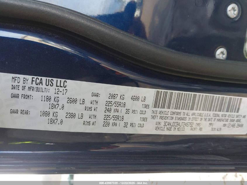 2018 Jeep Compass Limited 4X4 VIN: 3C4NJDCB4JT245752 Lot: 43987339