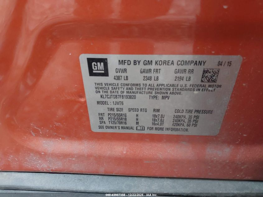 2015 Chevrolet Trax Ltz VIN: KL7CJTSB7FB193820 Lot: 43987356