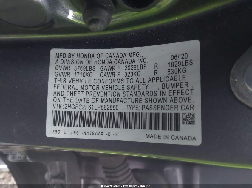 2020 Honda Civic Lx VIN: 2HGFC2F61LH562550 Lot: 43987370