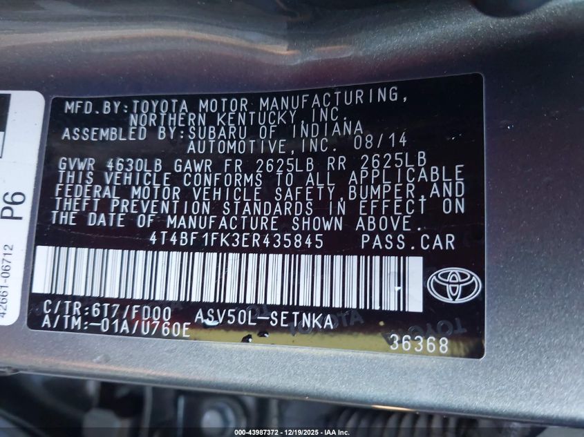 2014 Toyota Camry Le VIN: 4T4BF1FK3ER435845 Lot: 43987372