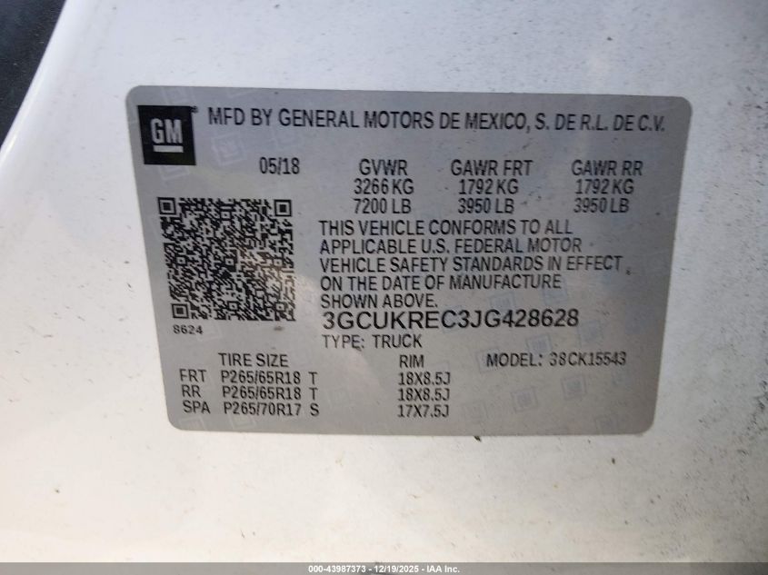 2018 Chevrolet Silverado 1500 2Lt VIN: 3GCUKREC3JG428628 Lot: 43987373