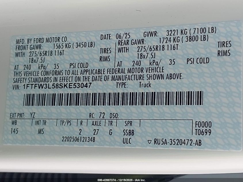 2025 Ford F-150 Xlt VIN: 1FTFW3L58SKE53047 Lot: 43987374