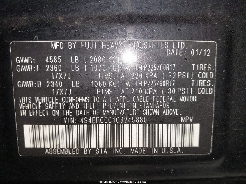 2012 Subaru Outback 2.5I Premium VIN: 4S4BRCCC1C3245880 Lot: 43987376