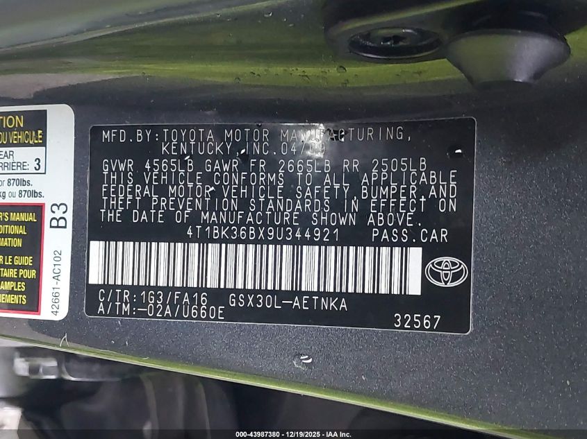 2009 Toyota Avalon Xl VIN: 4T1BK36BX9U344921 Lot: 43987380