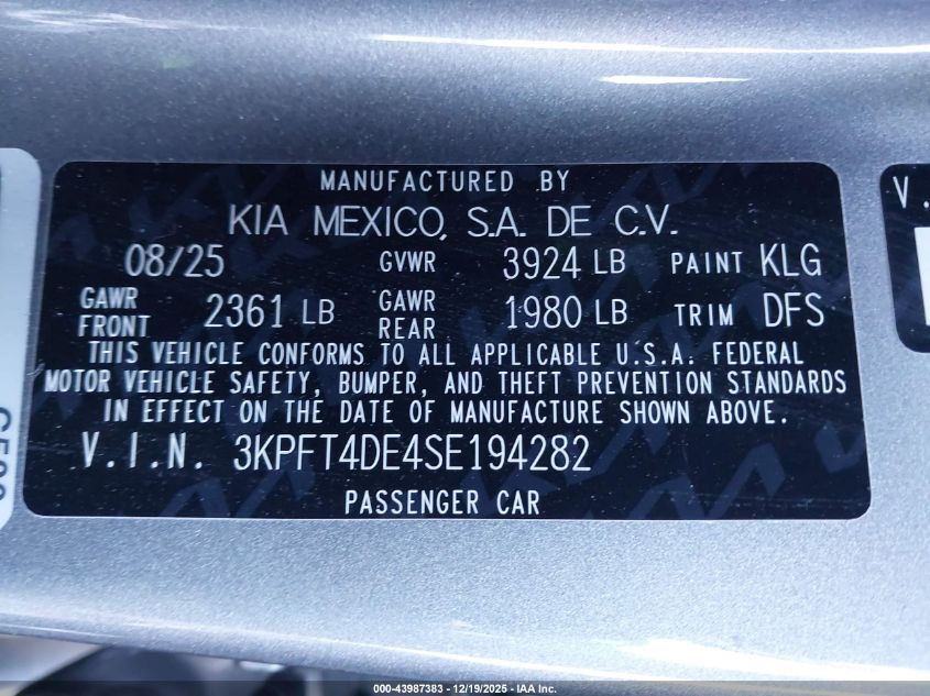 2025 Kia K4 Lxs VIN: 3KPFT4DE4SE194282 Lot: 43987383