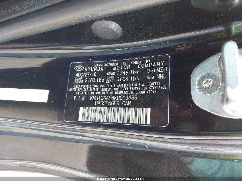 2019 Hyundai Veloster 2.0 Premium VIN: KMHTG6AF8KU013486 Lot: 43987384