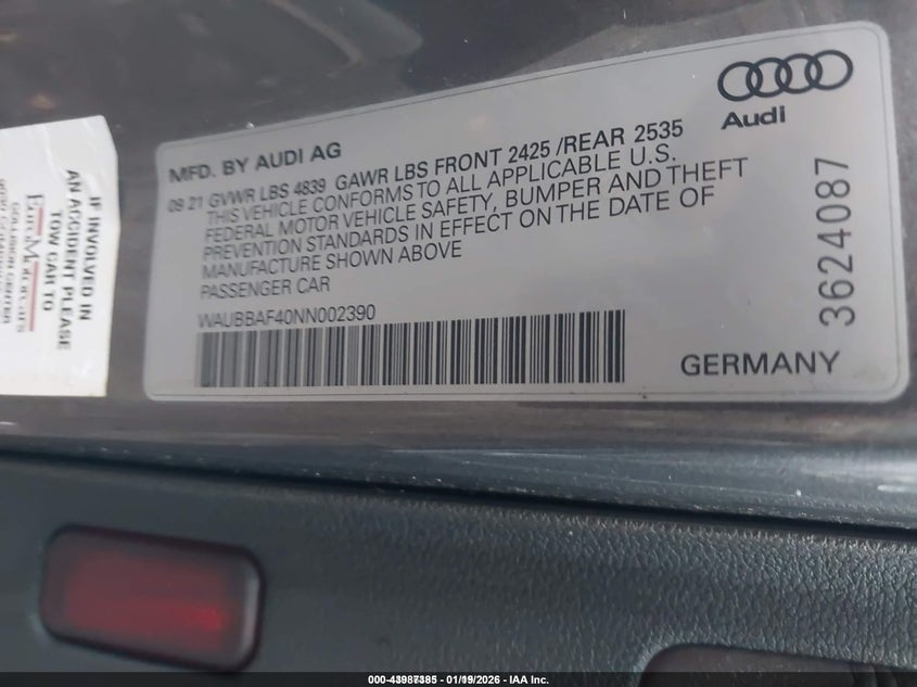 2022 Audi A4 Premium Plus 40 Tfsi Quattro S Tronic VIN: WAUBBAF40NN002390 Lot: 43987385