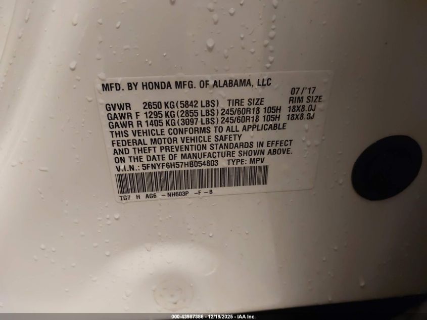2017 Honda Pilot Ex-L VIN: 5FNYF6H57HB054803 Lot: 43987386