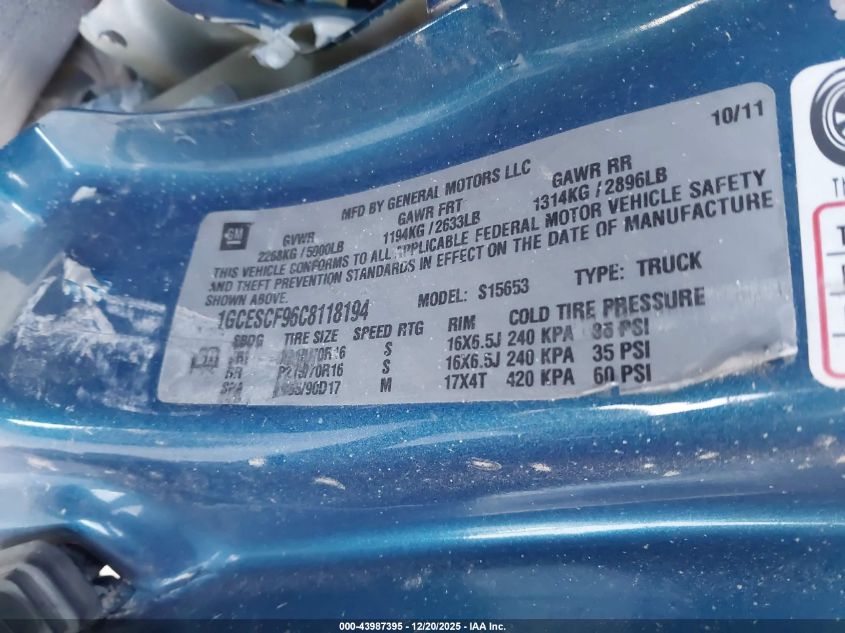 2012 Chevrolet Colorado 1Lt VIN: 1GCESCF96C8118194 Lot: 43987395