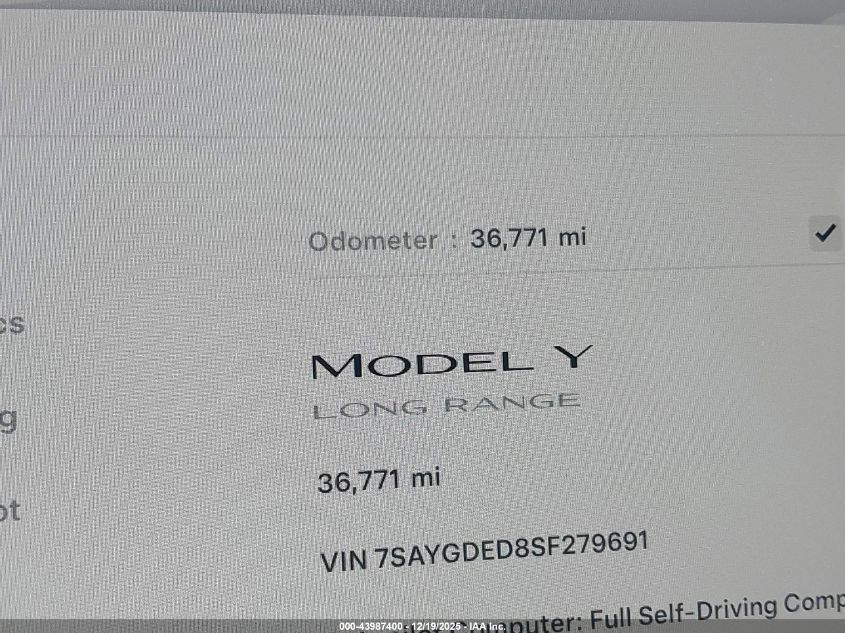 2025 Tesla Model Y Long Range Dual Motor Rear-Wheel Drive VIN: 7SAYGDED8SF279691 Lot: 43987400