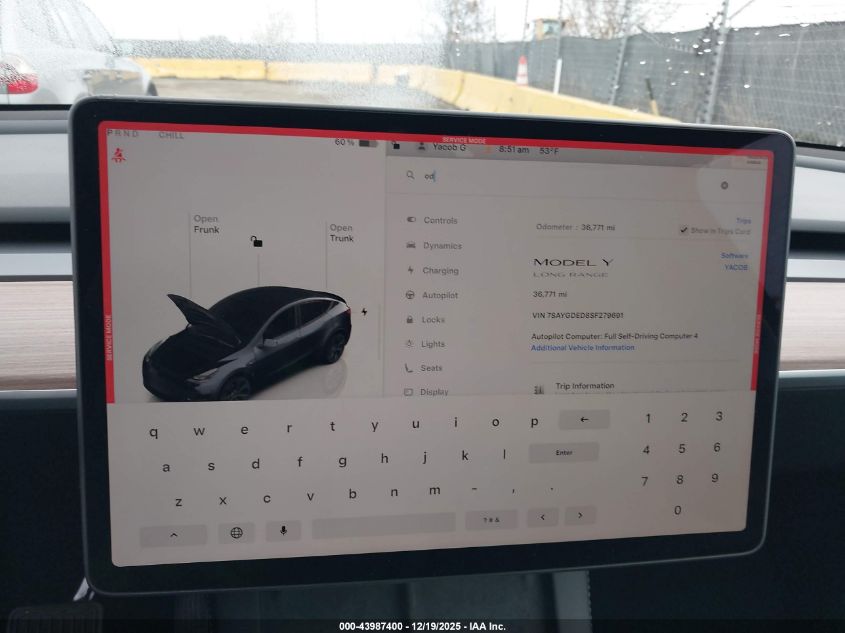 2025 Tesla Model Y Long Range Dual Motor Rear-Wheel Drive VIN: 7SAYGDED8SF279691 Lot: 43987400