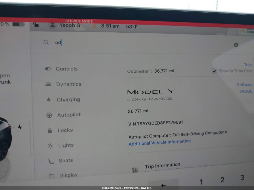 2025 Tesla Model Y Long Range Dual Motor Rear-Wheel Drive VIN: 7SAYGDED8SF279691 Lot: 43987400