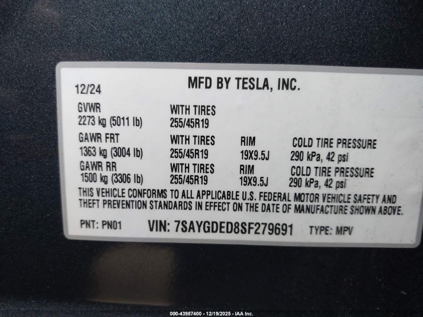 2025 Tesla Model Y Long Range Dual Motor Rear-Wheel Drive VIN: 7SAYGDED8SF279691 Lot: 43987400