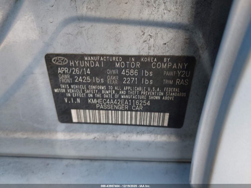 2014 Hyundai Sonata Hybrid Limited VIN: KMHEC4A42EA116254 Lot: 43987404