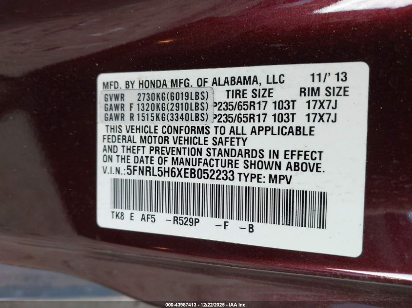 2014 Honda Odyssey Ex-L VIN: 5FNRL5H6XEB052233 Lot: 43987413