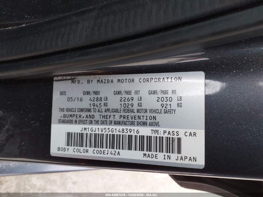 2016 Mazda Mazda6 I Touring VIN: JM1GJ1V55G1483916 Lot: 43987416