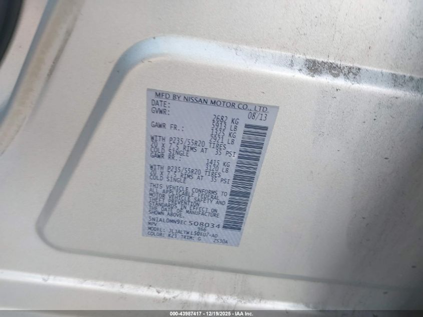 2014 Infiniti Qx60 VIN: 5N1AL0MN9EC508034 Lot: 43987417