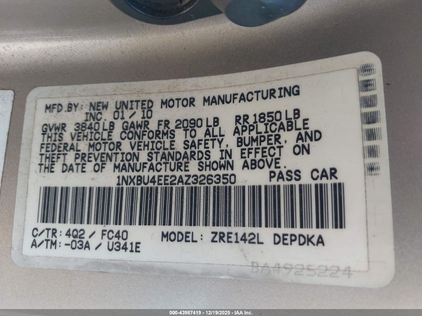 2010 Toyota Corolla Le VIN: 1NXBU4EE2AZ326350 Lot: 43987419