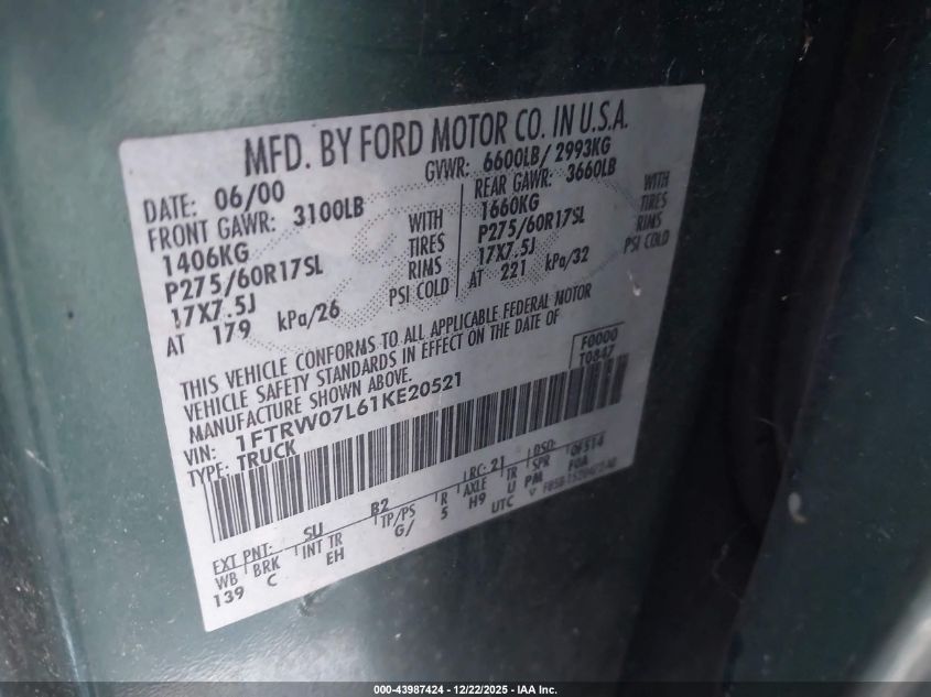 2001 Ford F-150 Harley-Davidson Edition/King Ranch Edition/Lariat/Xlt VIN: 1FTRW07L61KE20521 Lot: 43987424