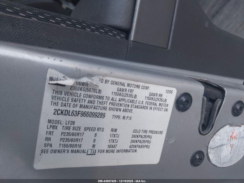 2006 Pontiac Torrent VIN: 2CKDL63F966099289 Lot: 43987429