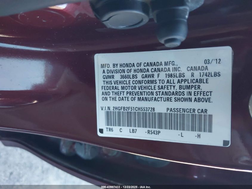 2012 Honda Civic Lx VIN: 2HGFB2F51CH553728 Lot: 43987433