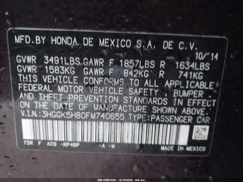 2015 Honda Fit Ex/Ex-L VIN: 3HGGK5H80FM740655 Lot: 43987436