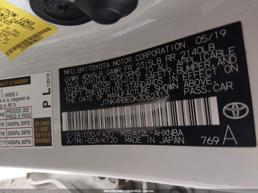 2019 Toyota Corolla Se VIN: JTNK4RBE0K3062313 Lot: 43987440
