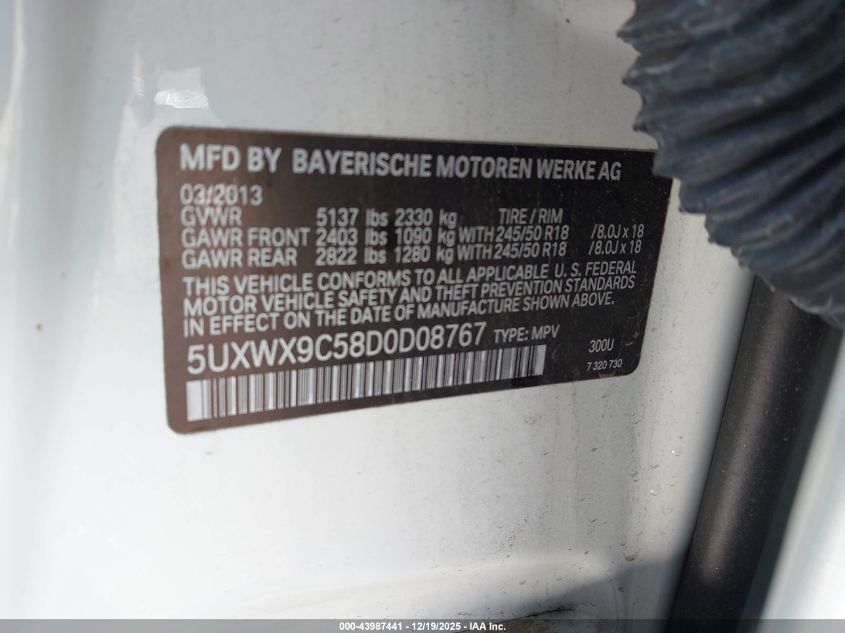 2013 BMW X3 xDrive28I VIN: 5UXWX9C58D0D08767 Lot: 43987441