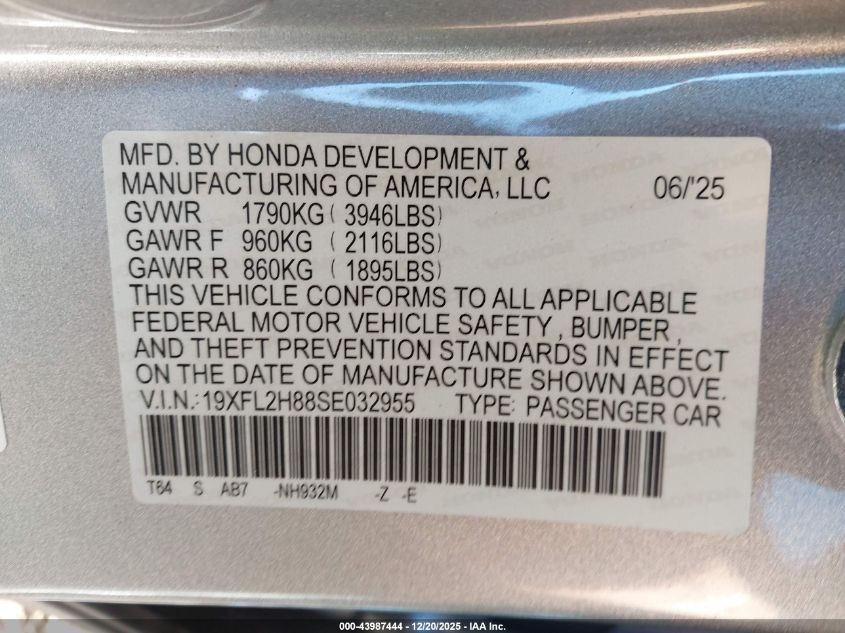 2025 Honda Civic Sedan Sport VIN: 19XFL2H88SE032955 Lot: 43987444