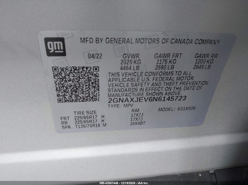 2022 Chevrolet Equinox Fwd 2Fl VIN: 2GNAXJEV6N6145723 Lot: 43987446