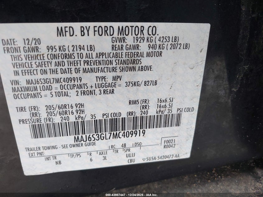 2021 FORD ECOSPORT 2.0L I-4 DI, DOHC, V(VIN: MAJ6S3GL7MC409919