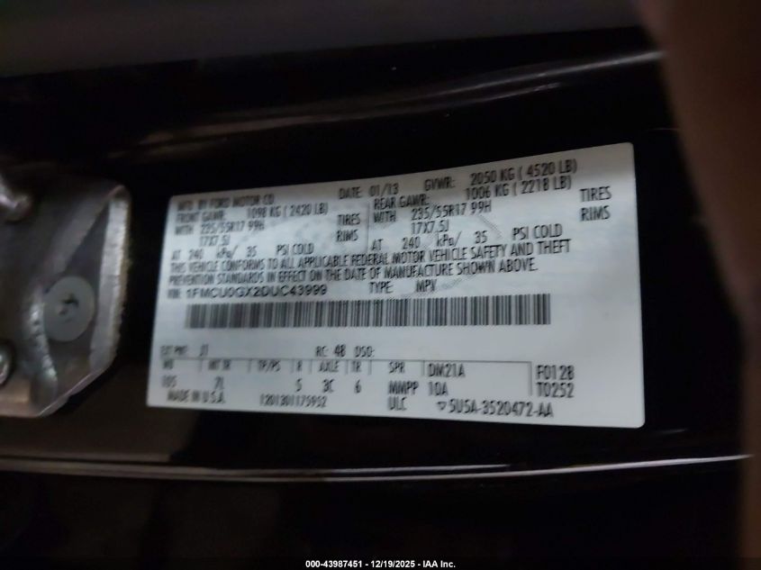 2013 Ford Escape Se VIN: 1FMCU0GX2DUC43999 Lot: 43987451