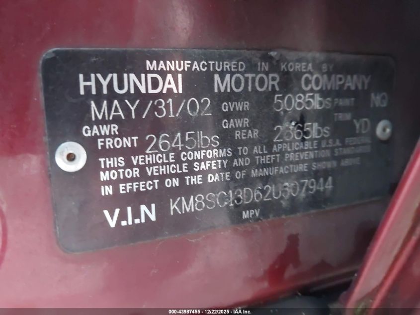 2002 Hyundai Santa Fe Gls/Lx VIN: KM8SC13D62U307944 Lot: 43987455