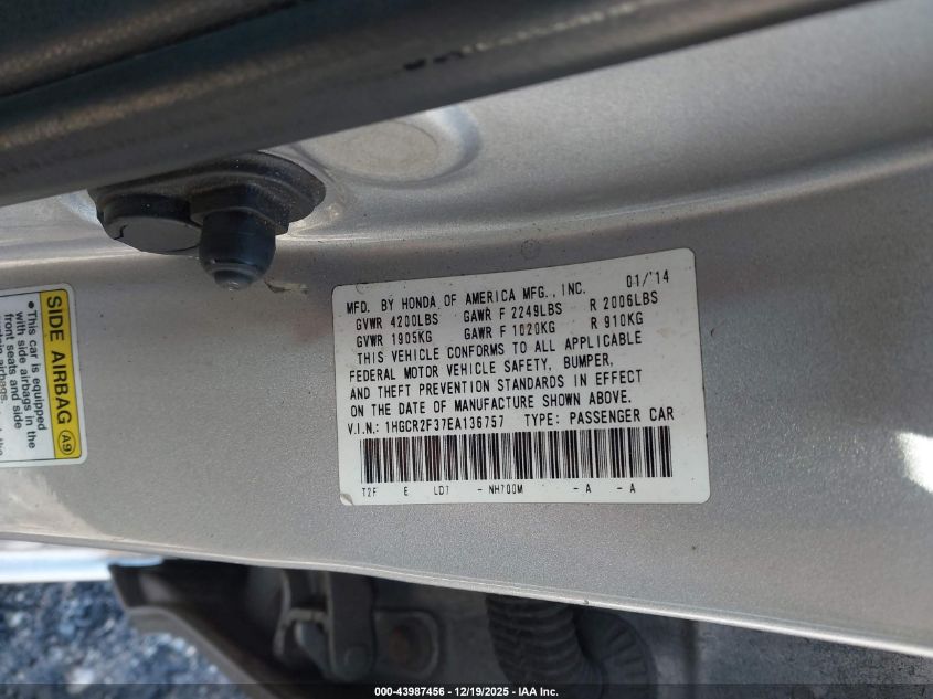 2014 Honda Accord Lx VIN: 1HGCR2F37EA136757 Lot: 43987456