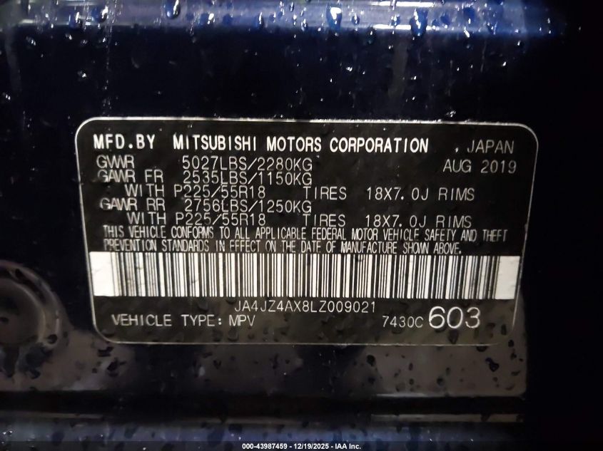 2020 Mitsubishi Outlander Gt 3.0 S-Awc VIN: JA4JZ4AX8LZ009021 Lot: 43987459