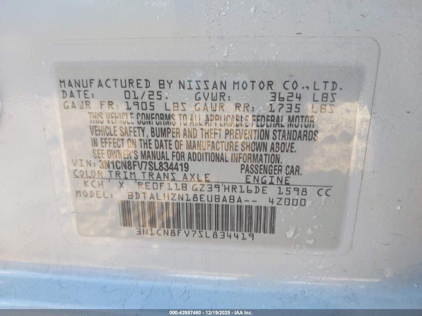 2025 Nissan Versa 1.6 Sr VIN: 3N1CN8FV7SL834419 Lot: 43987460