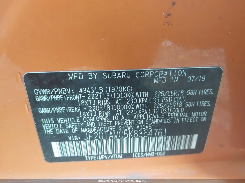 2019 Subaru Crosstrek Limited VIN: JF2GTAMC5K8364761 Lot: 43987464
