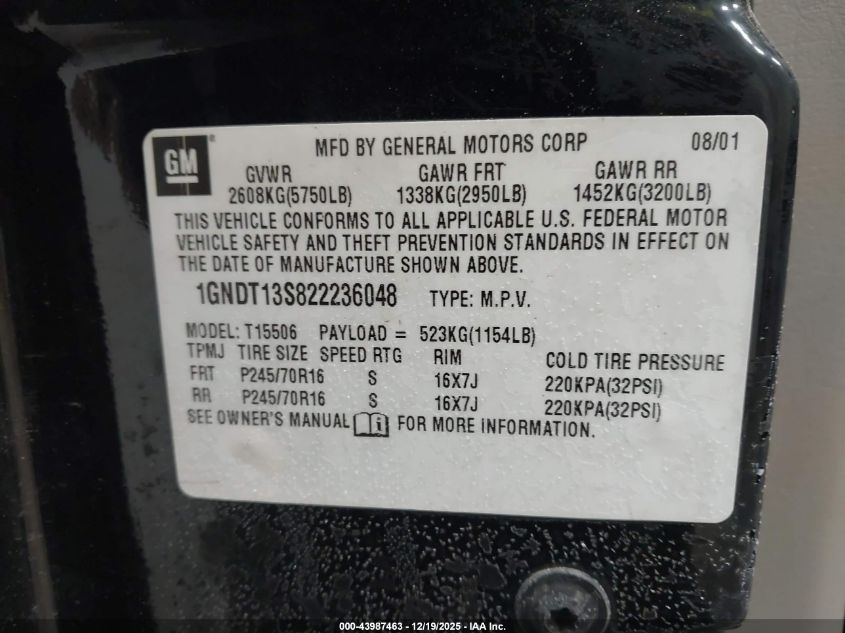 2002 Chevrolet Trailblazer Ls VIN: 1GNDT13S822236048 Lot: 43987463