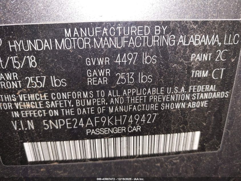 2019 Hyundai Sonata Se VIN: 5NPE24AF9KH749427 Lot: 43987472