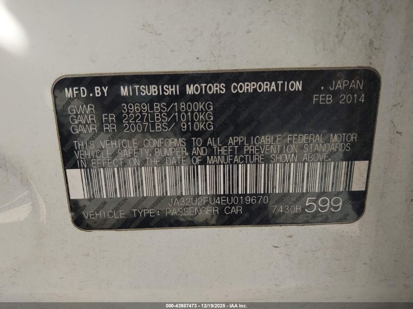 2014 Mitsubishi Lancer Es VIN: JA32U2FU4EU019670 Lot: 43987473