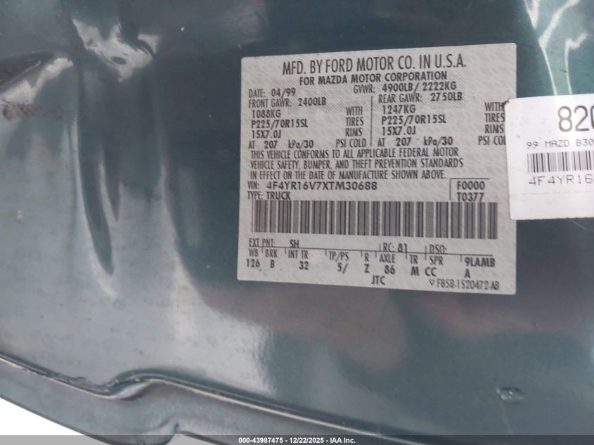 1999 Mazda B3000 Se/Tl VIN: 4F4YR16V7XTM30688 Lot: 43987475
