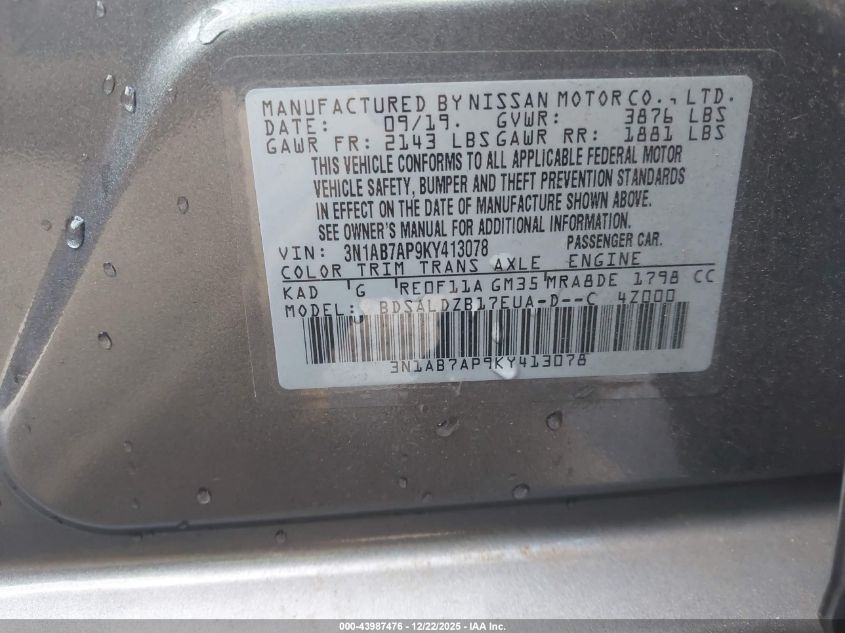 2019 Nissan Sentra Sv VIN: 3N1AB7AP9KY413078 Lot: 43987476