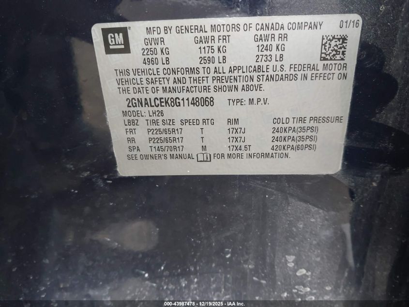 2016 Chevrolet Equinox Lt VIN: 2GNALCEK8G1148068 Lot: 43987478