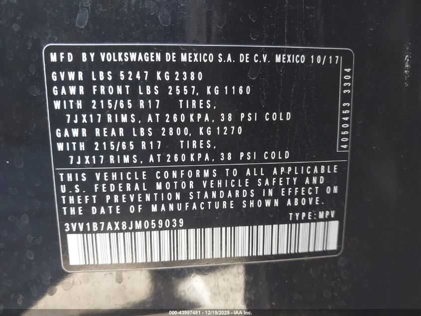 2018 Volkswagen Tiguan 2.0T S VIN: 3VV1B7AX8JM059039 Lot: 43987481