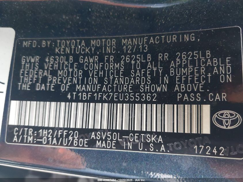 2014 Toyota Camry Se VIN: 4T1BF1FK7EU355362 Lot: 43987484