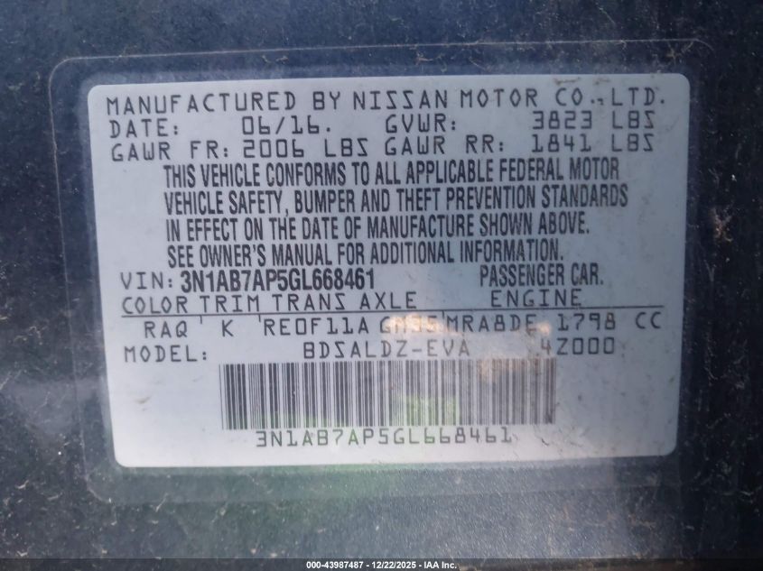 2016 Nissan Sentra Fe+ S/S/Sl/Sr/Sv VIN: 3N1AB7AP5GL668461 Lot: 43987487